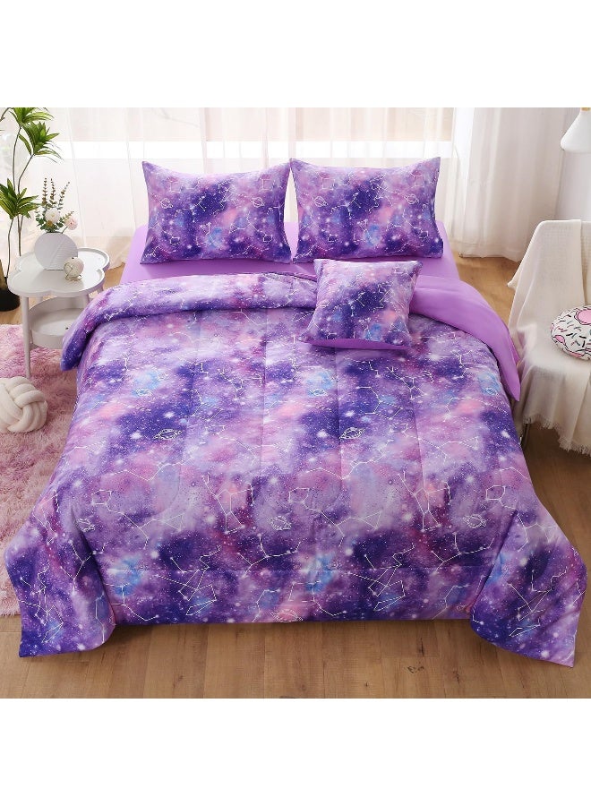 JQinHome Full Gradient Galaxy Comforter Set for Girls, 6 Piece Bed in A Bag 3D Colorful Tie Dye Constellation Print Ombre Bedding Set with Pillowcase, Flat & Fitted Sheet, Cushion Cover (Purple) - Image 1